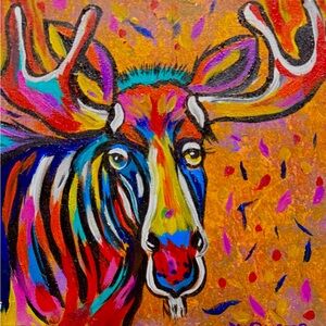 Original Art- Colorful Moose Painting 12x12 - signed by the Artist- Me :)